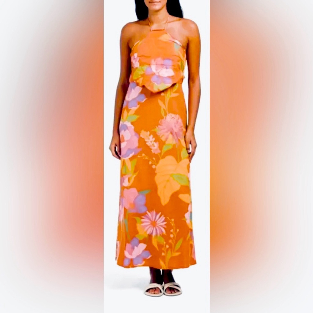 NWT CAROLINE CONSTAS halter maxi linen blend USS floral cut out beaded vacation